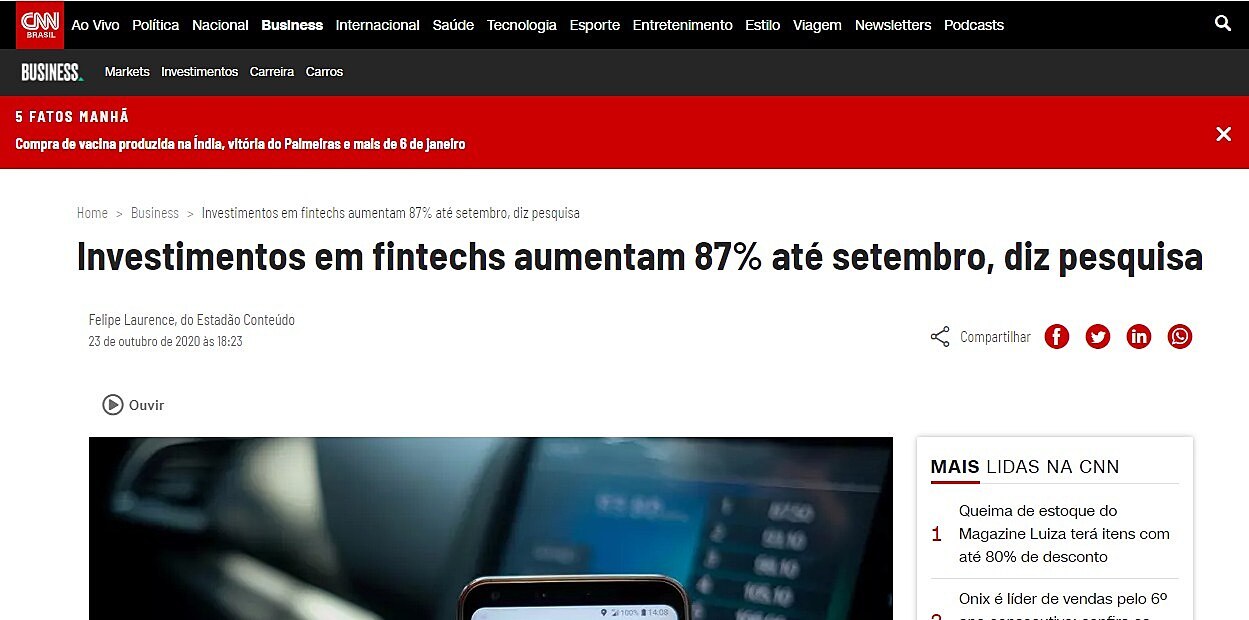 Investimentos em fintechs aumentam 87% at setembro, diz pesquisa